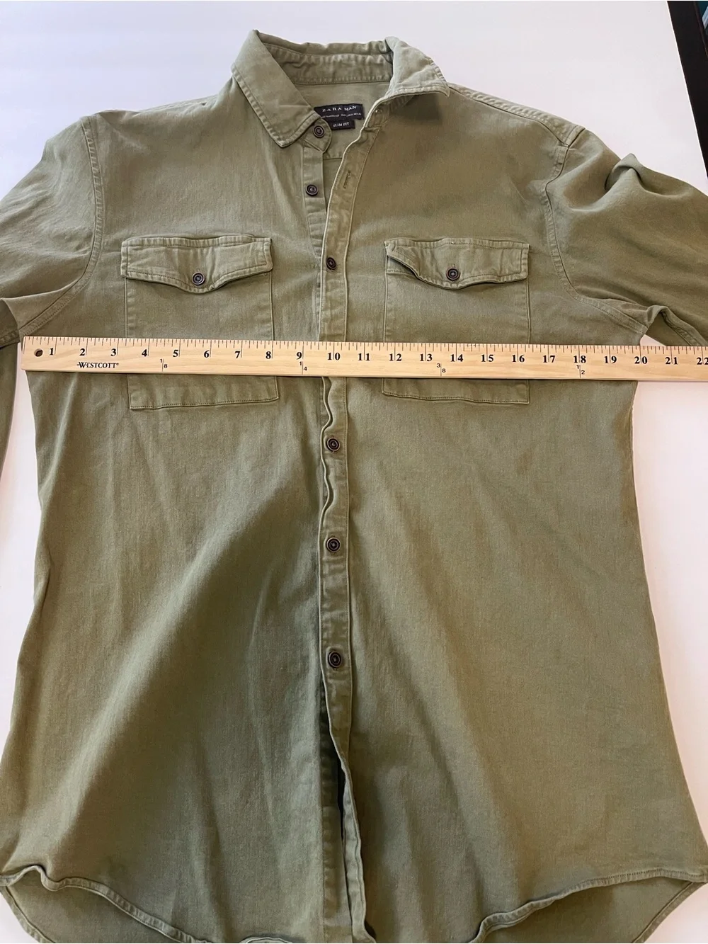 Zara Man Shirt Button Up Large Slim Fit Olive Green Utility Gorpcore Pockets